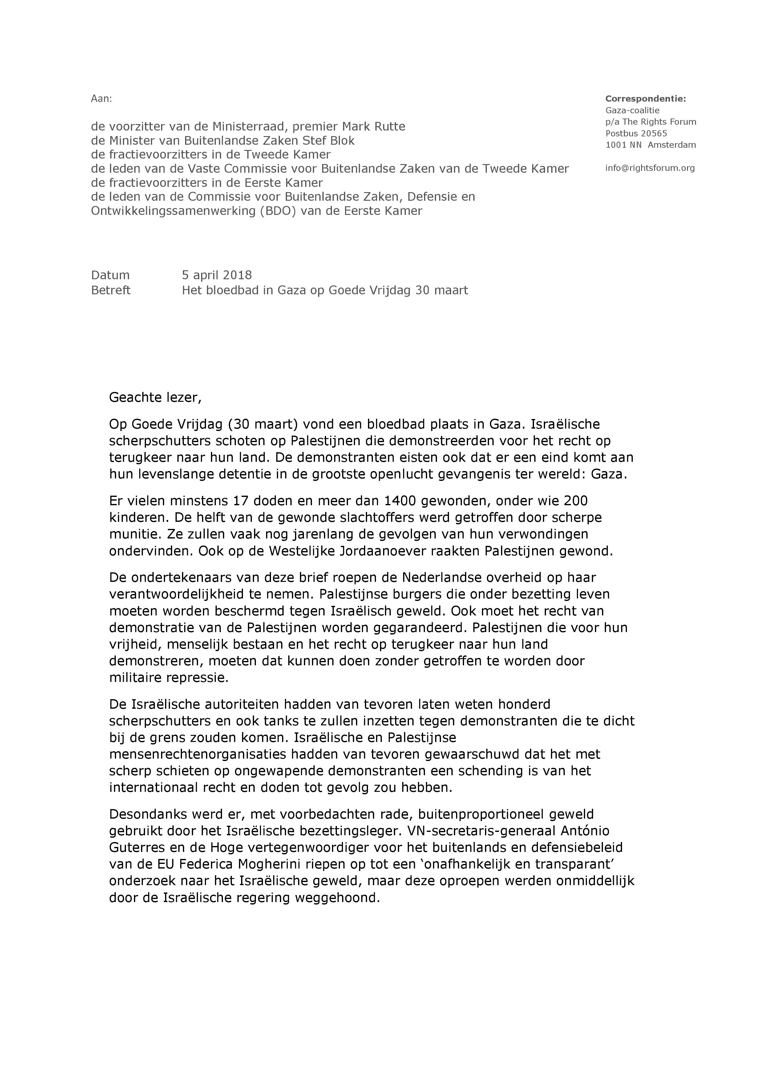 Gaza organisaties sturen protestbrief naar Den Haag*